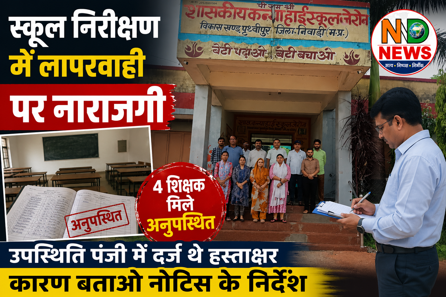 निरीक्षण में चार शिक्षक मिले नदारद, उपस्थिति पंजी में दर्ज थे हस्ताक्षर