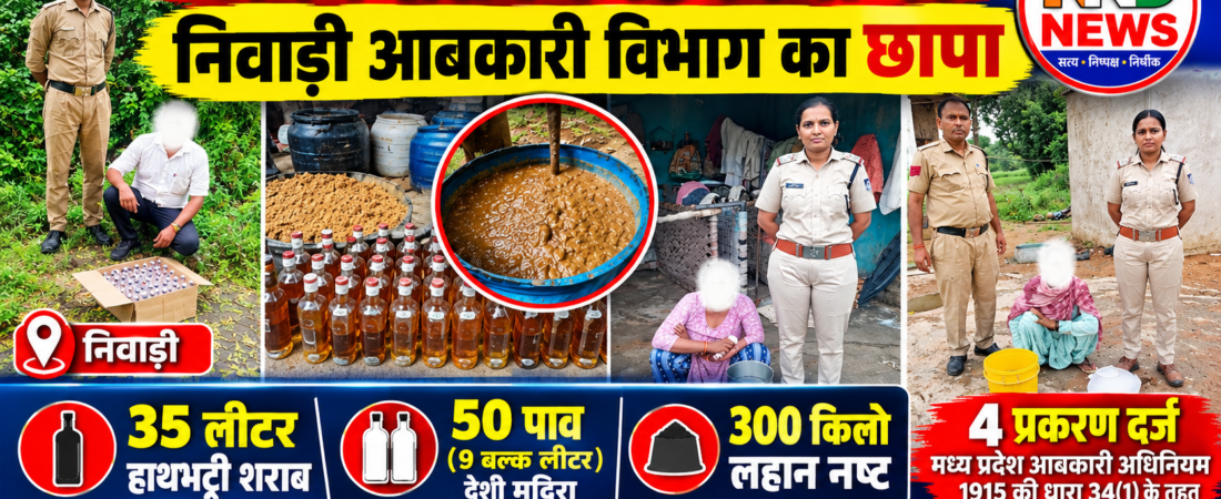 अवैध शराब के ठिकानों पर आबकारी विभाग की दबिश, 35 लीटर हाथभट्टी शराब और 50 पाव देशी मदिरा जब्त